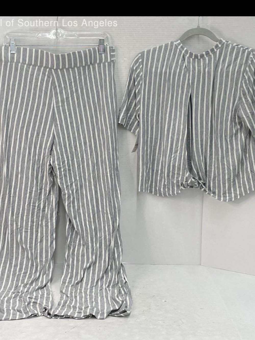 Striped Gray & White Wide-Leg Pants by